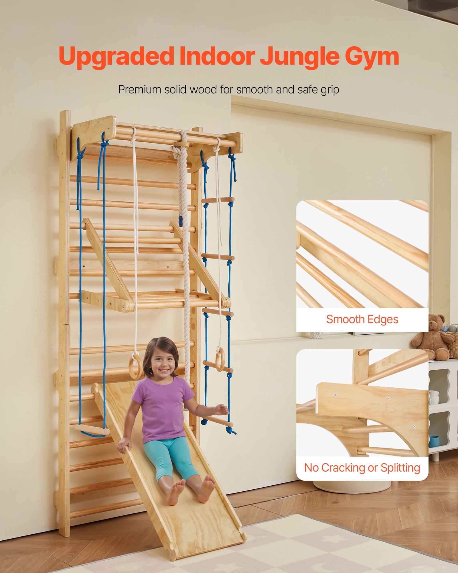 VEVOR Scala Svedese a Parete, Portata 99,8 kg Spalliere d'Arrampicata per Interni 8 in 1 con 15 Gradini, Set da Gioco con Scala a Muro, Scivolo, Barra per Trazioni, Anelli da Ginnastica, Altalena