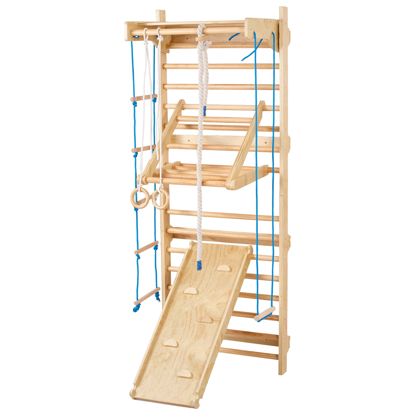 VEVOR Scala Svedese a Parete, Portata 99,8 kg Spalliere d'Arrampicata per Interni 8 in 1 con 15 Gradini, Set da Gioco con Scala a Muro, Scivolo, Barra per Trazioni, Anelli da Ginnastica, Altalena