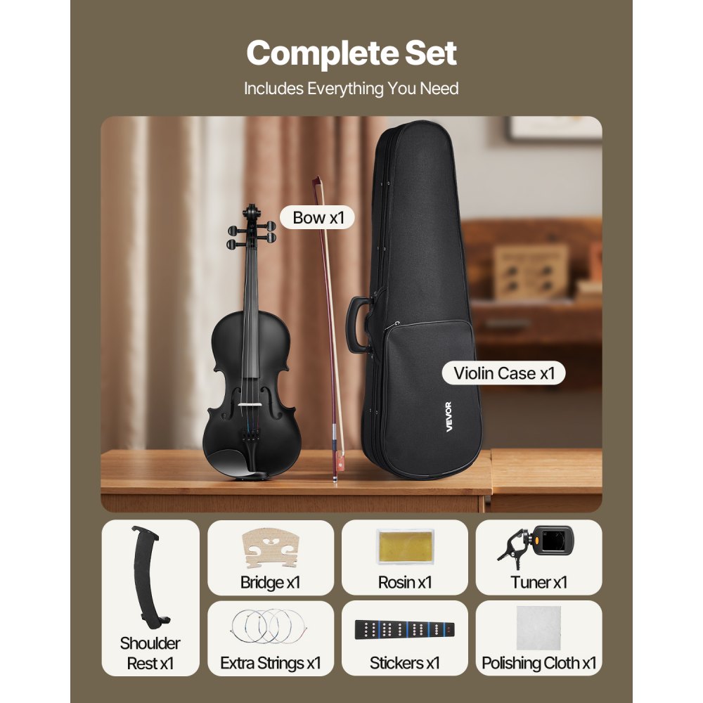 VEVOR Violin 355mm Full Size for Adults, Violin Fiddle Set for Beginners Student with Hard Case, Rosin, Bow, Shoulder Rest, Bridge, Tuner and Extra Strings, Professional Solidwood Instruments  (Black)