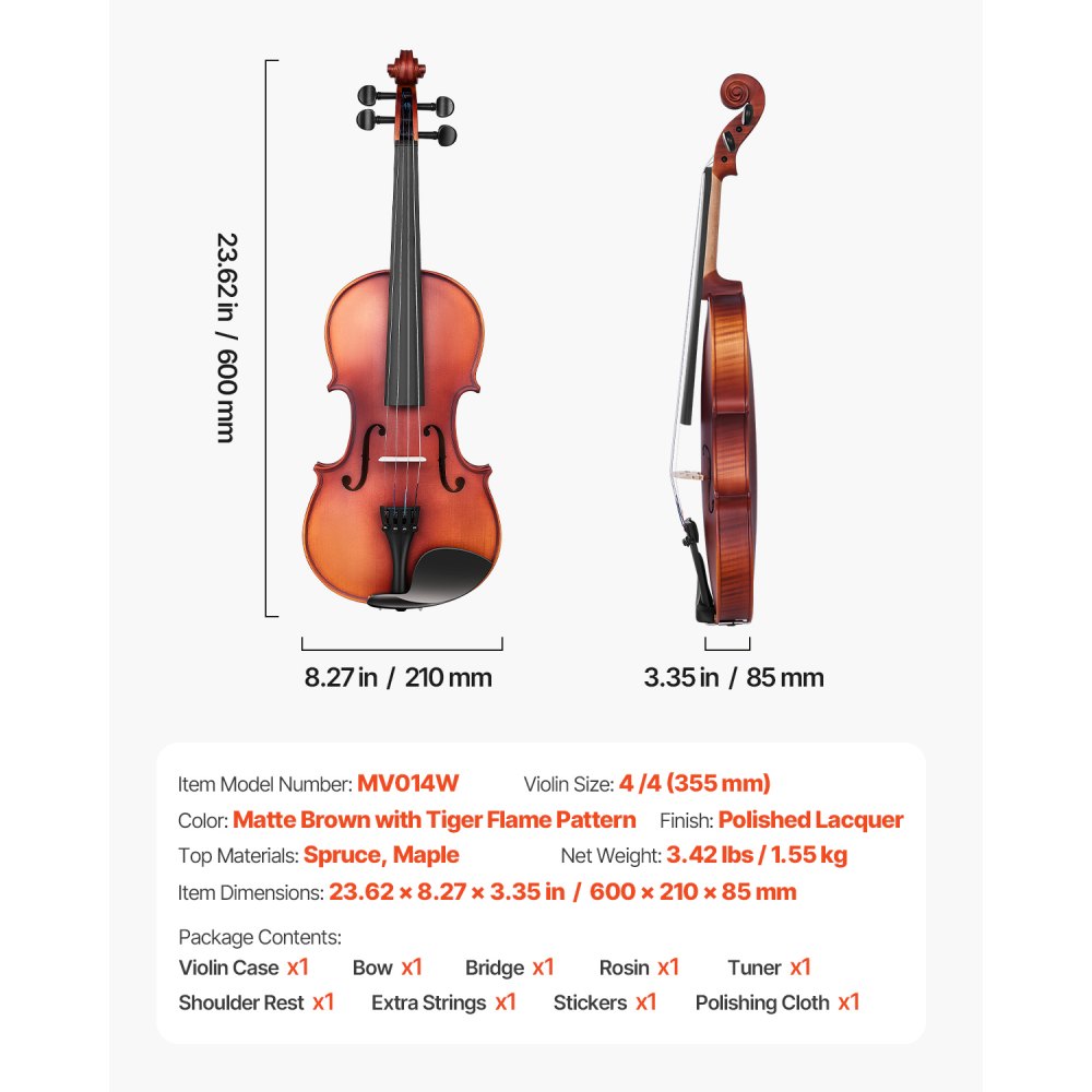 VEVOR Set di Violini da 4/4 355 mm Set Completo per Violino Marrone Opaco con Motivi