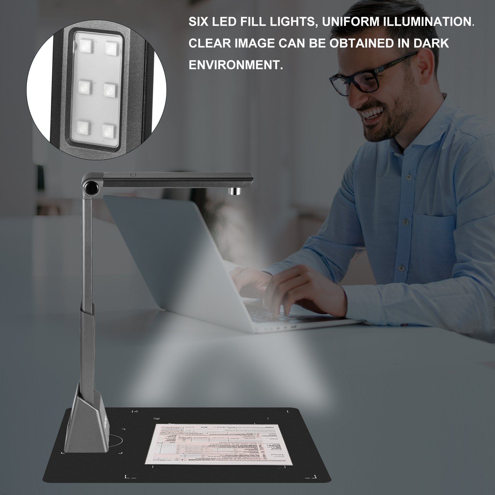 VEVOR Scanner Portatile ad Alta Definizione A3, 8 Mega-Pixel Scanner per Documenti, Formato Scanner A3 con Doppia Lente + 4 Luci LED, Scanner Intelligente per Documento con funzione OCR Multilingua