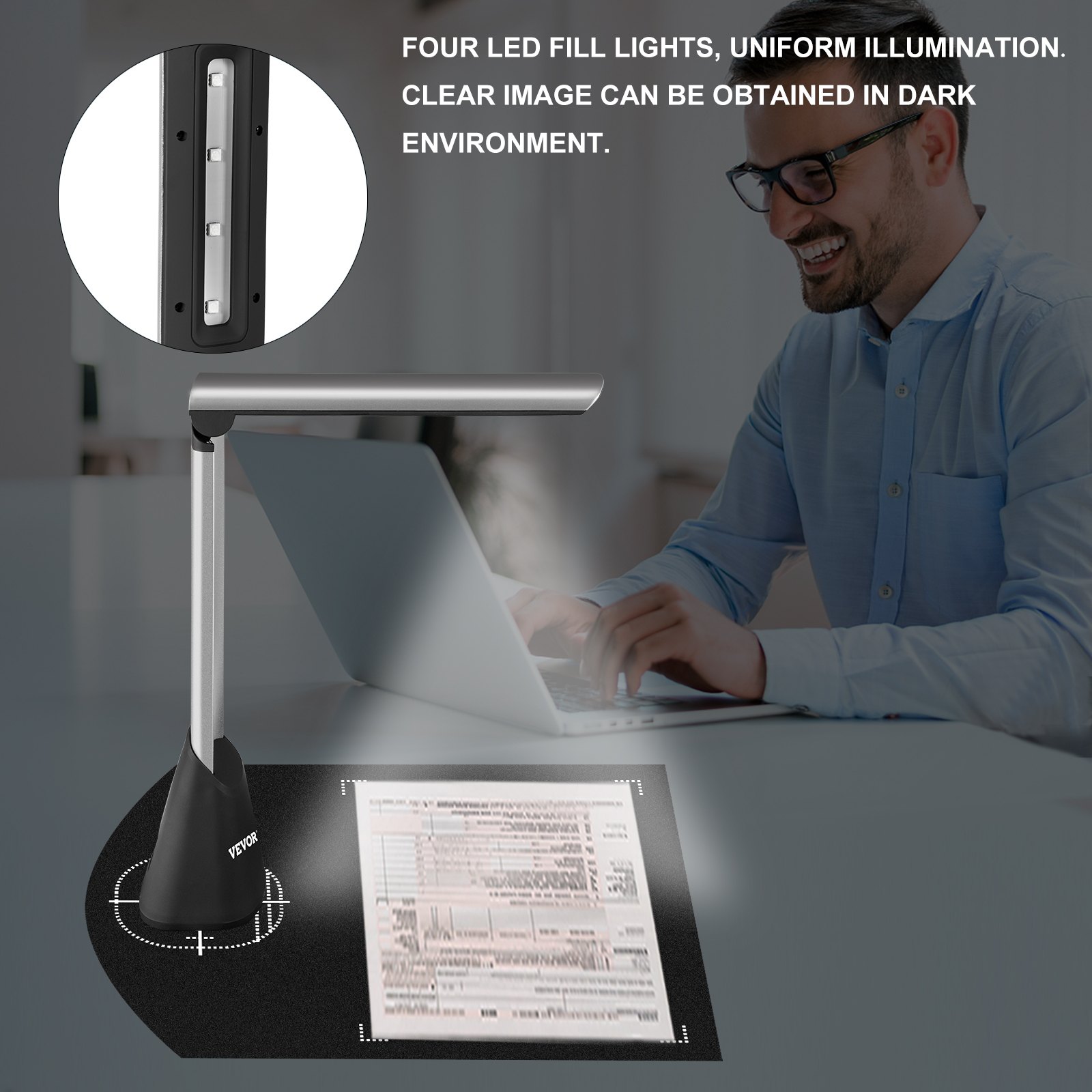 VEVOR Scanner Portatile ad Alta Definizione A4, 10 Mega-Pixel Scanner per Documenti, Formato Scanner A4 con Doppia Lente + 4 Luci LED, Scanner Intelligente per Documento con funzione OCR Multilingua