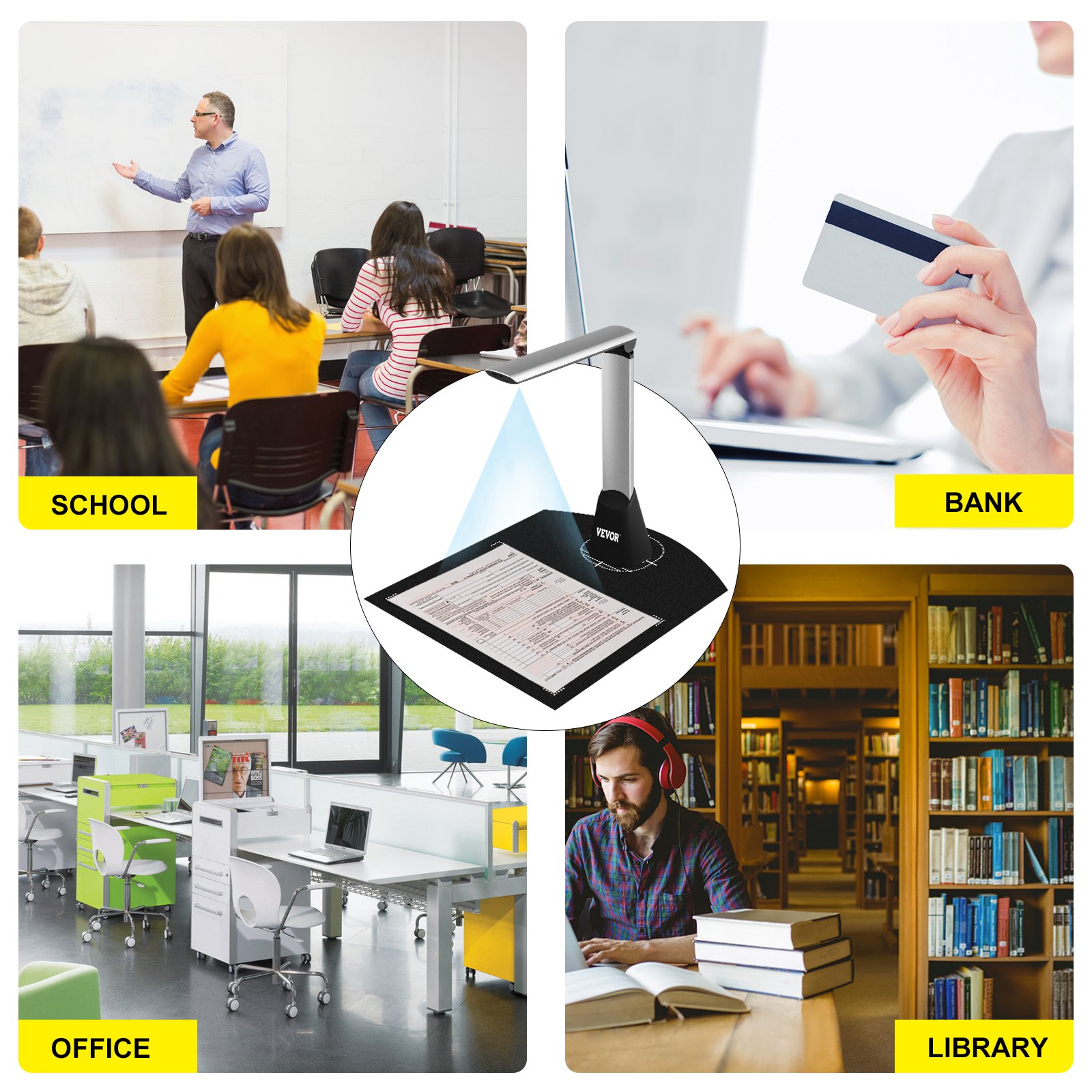 VEVOR Scanner Portatile ad Alta Definizione A4, 10 Mega-Pixel Scanner per Documenti, Formato Scanner A4 con Doppia Lente + 4 Luci LED, Scanner Intelligente per Documento con funzione OCR Multilingua