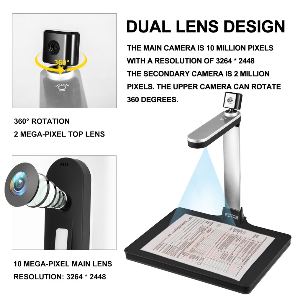 Vevor Scanner Per Documenti Formato Scanner A4 Con Doppia Lente + 6 Luci Led