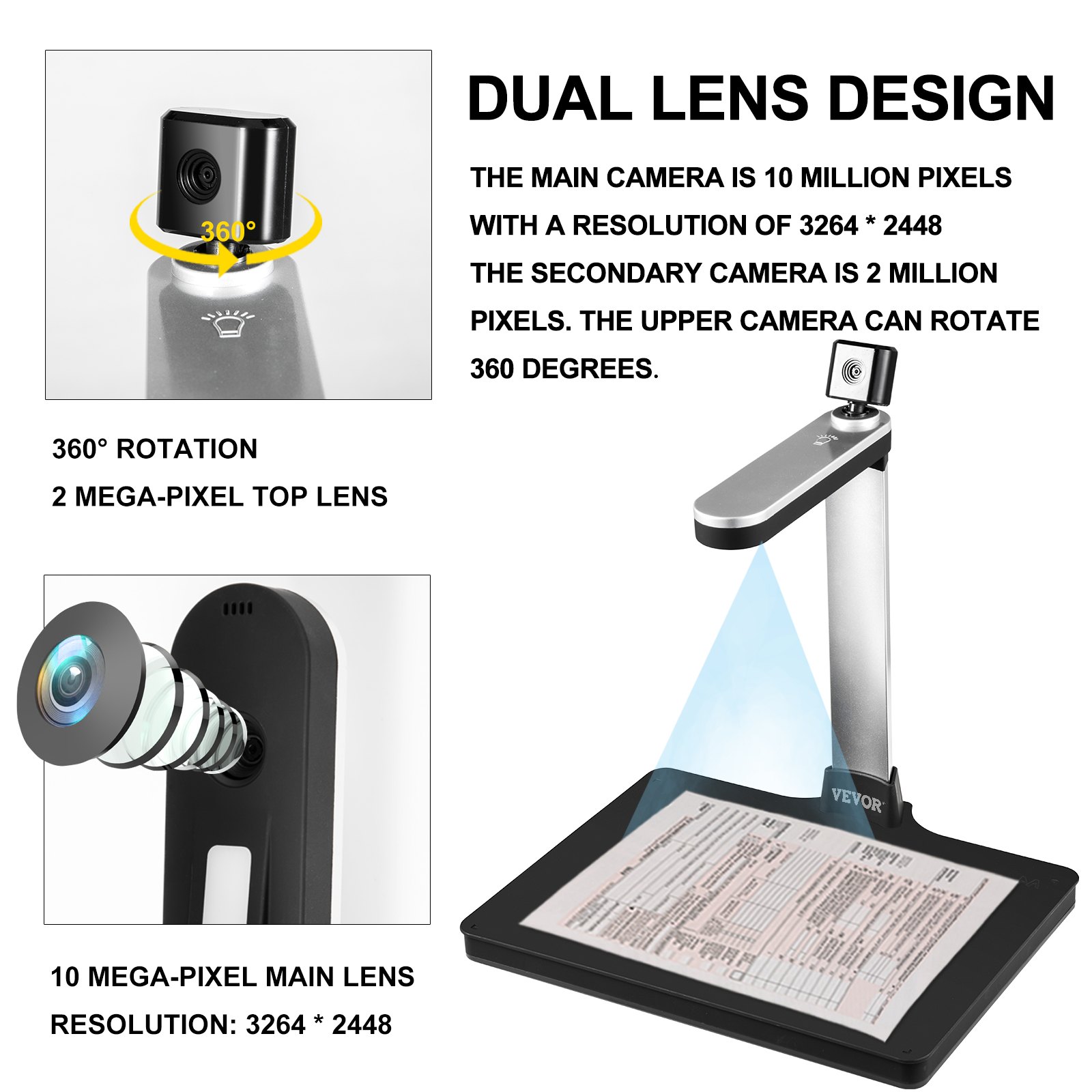 Vevor Scanner Per Documenti Formato Scanner A4 Con Doppia Lente + 6 Luci Led