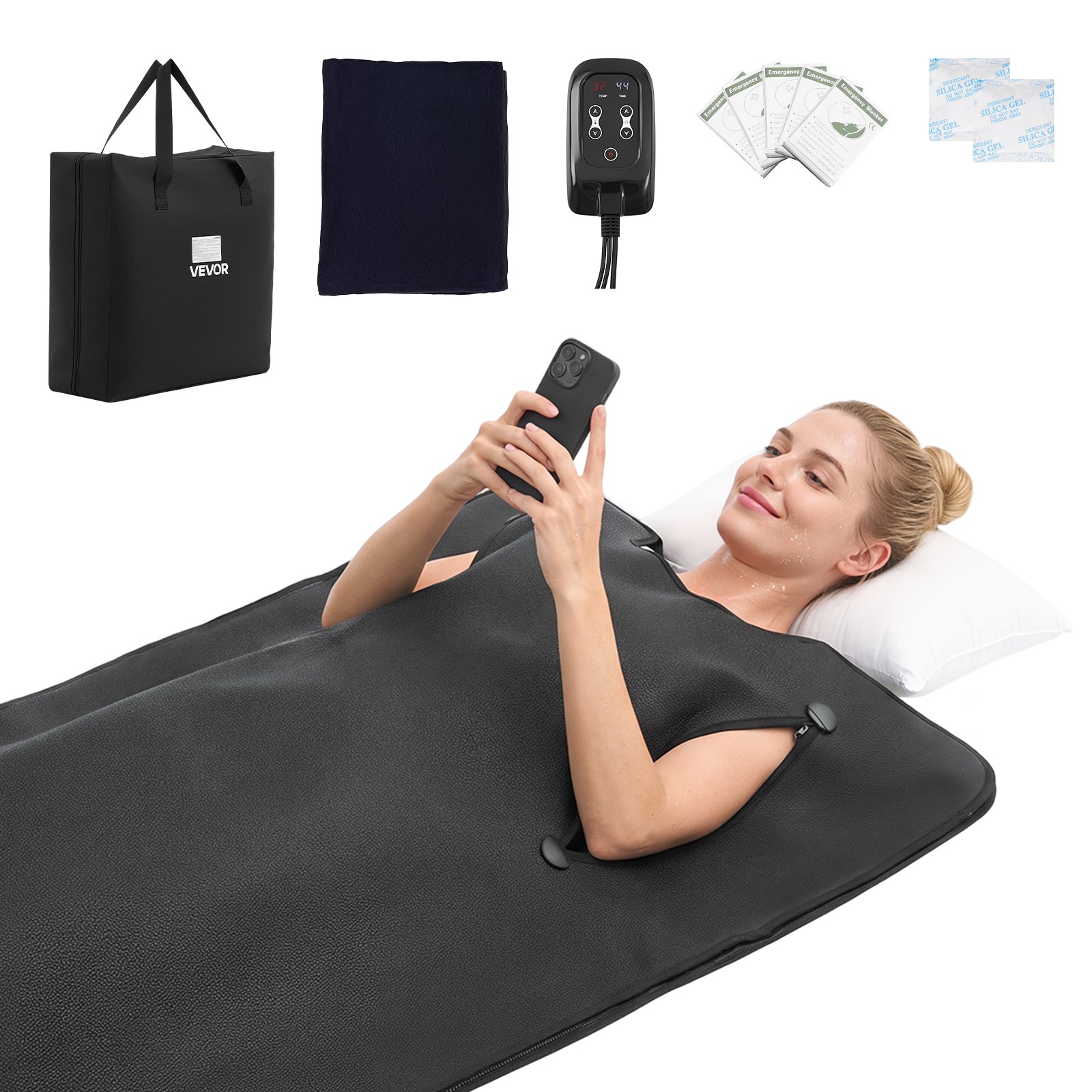 VEVOR Coperta Sauna a Infrarossi con Apertura per Le Braccia 180x90 cm Nero, Sacco Sauna Portatile in Pelle PU con Temperatura e Timer Regolabili, Riscaldamento Uniforme per Benessere, con Telo e Borsa