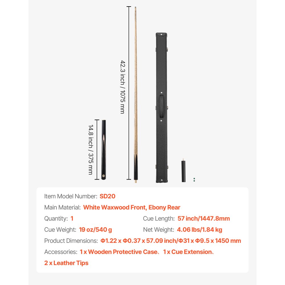 VEVOR Stecca da Biliardo Snodata da 1447,8 mm con Asta di Prolunga e Punta in Pelle da 540 g per Tavolo da Biliardo Professionale Bar, Casa, Include Custodia in Legno, Ideale per Principianti
