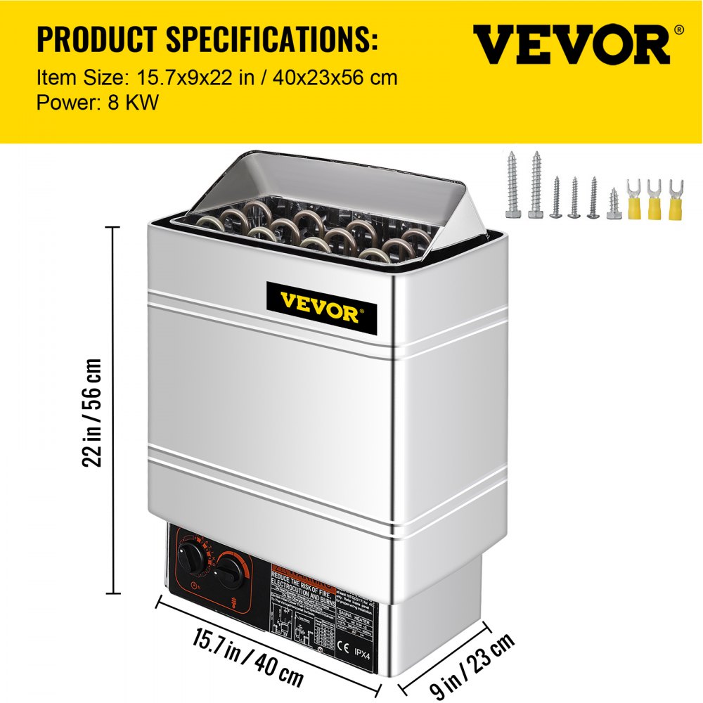 VEVOR Stufa Elettrica per Sauna 8KW Secco 380V-415V con Controllore Interno Sala Sauna Acciaio Inox Domestica Vasca da Bagno Doccia Spa Riscaldatore di Sauna Area di Lavoro 8-12m3 Pietra NON Inclusa