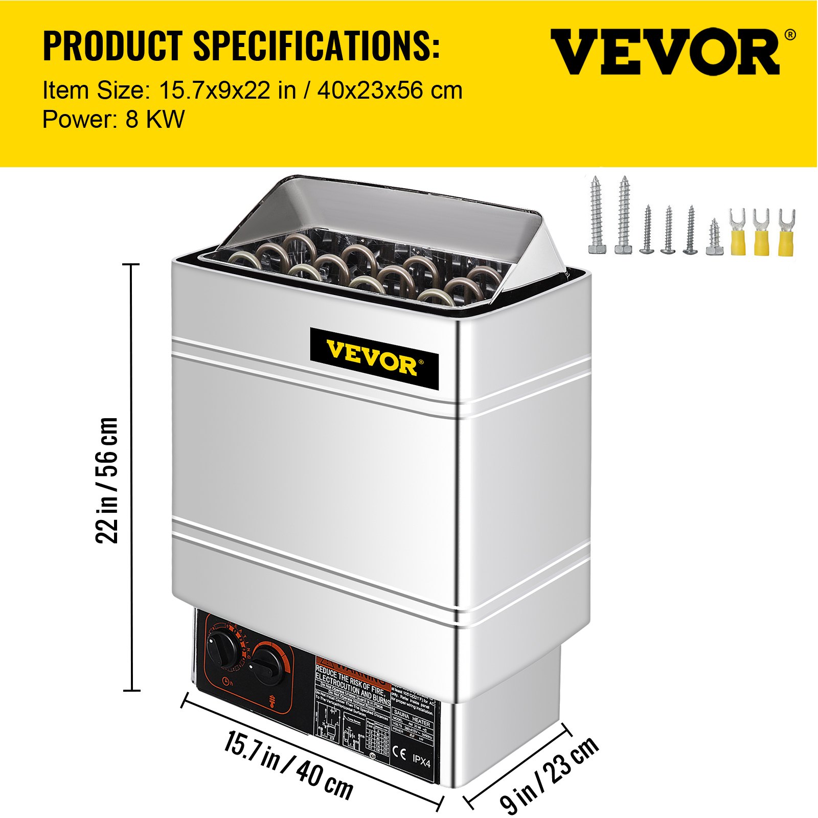VEVOR Stufa Elettrica per Sauna 8KW Secco 380V-415V con Controllore Interno Sala Sauna Acciaio Inox Domestica Vasca da Bagno Doccia Spa Riscaldatore di Sauna Area di Lavoro 8-12m3 Pietra NON Inclusa