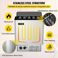 VEVOR Stufa Elettrica per Sauna 9kW Secco 380V-415V con Controllore Interno Sala Sauna Acciaio Inox Domestica Vasca da Bagno Doccia Spa Riscaldatore di Sauna Area di Lavoro 9-13m3 Pietra NON Inclusa