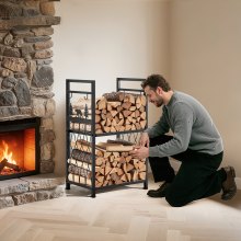 VEVOR Portalegna da Interno da 396 mm a 2 Livelli con Attrezzi per Camino, Spazzola, Pala, Attizzatoio, Pinze, Portalegna per Carichi Pesanti, Capacità di 181,4 kg, Impilatore per Catasta di Legna