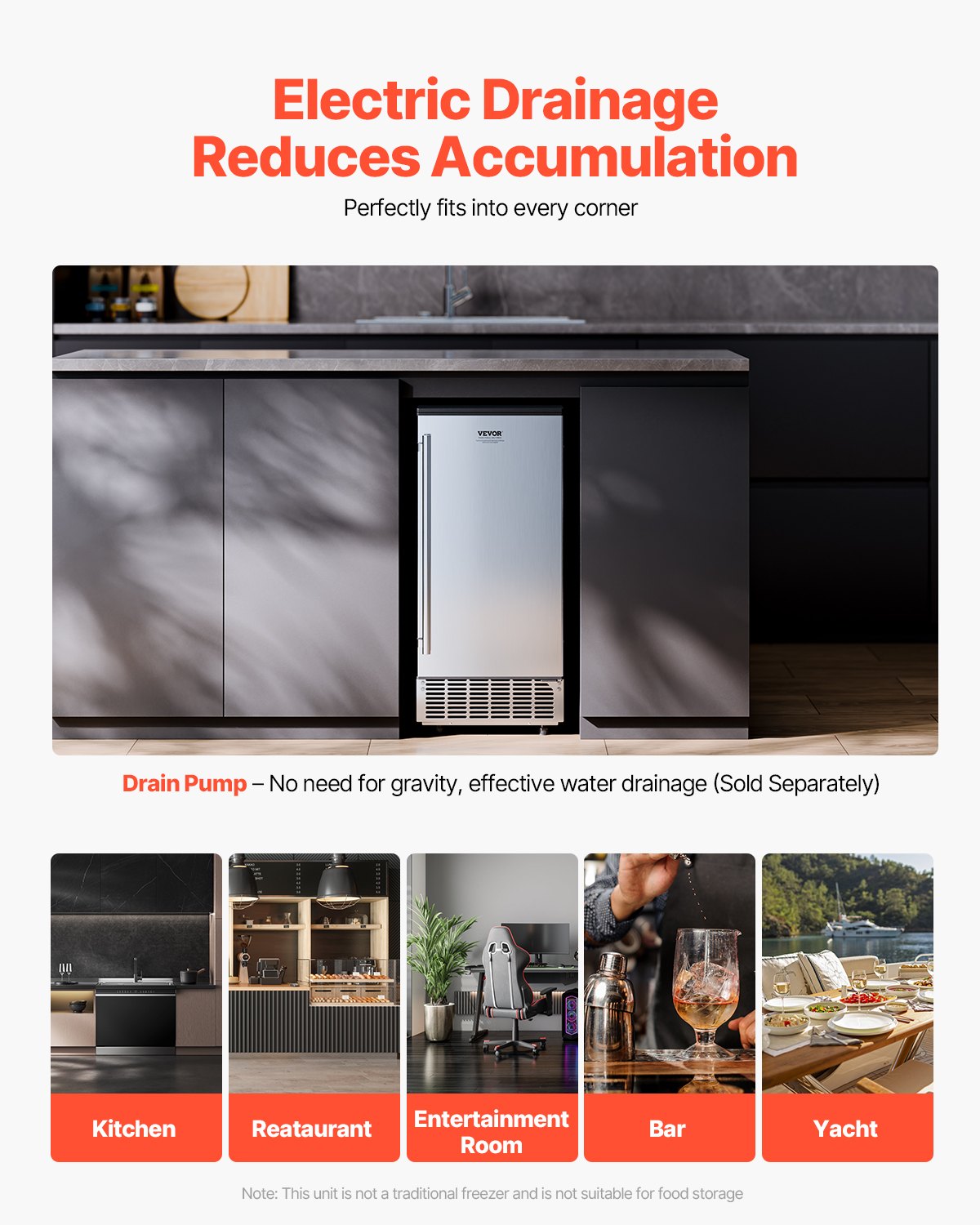 VEVOR Undercounter Ice Machine, Ice Maker, Ice Cube Maker, 36 kg/day capacity, undercounter ice machine with reversible stainless steel door, ice machine for commercial and residential kitchens, electric drainage