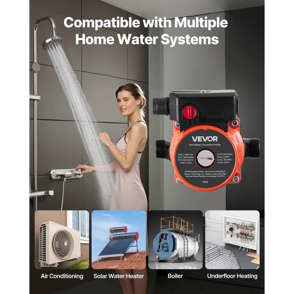 VEVOR Pompa di Ricircolo dell'Acqua Calda, Kit Pompa di Ricircolo Istantanea da 38 L/min, con Timer, 100 W CA 220-240 V, Connettore da G3/4 a G1/2, Controllo a 3 Velocità Testa in Ghisa