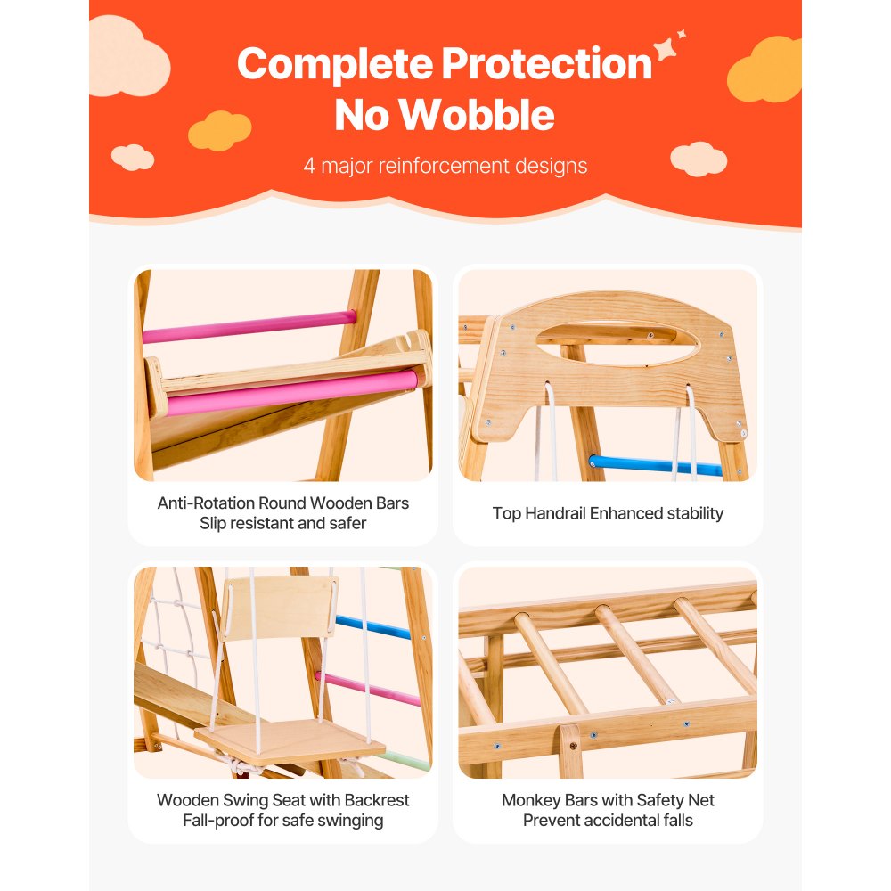 VEVOR Parco Giochi al Coperto, Parco Giochi in Legno, Set da Gioco Montessori da 113 kg con Altalena, Barra di Scimmia, Scivolo, Scala in Legno, Scala di Corda, Rete da Arrampicata e Roccia