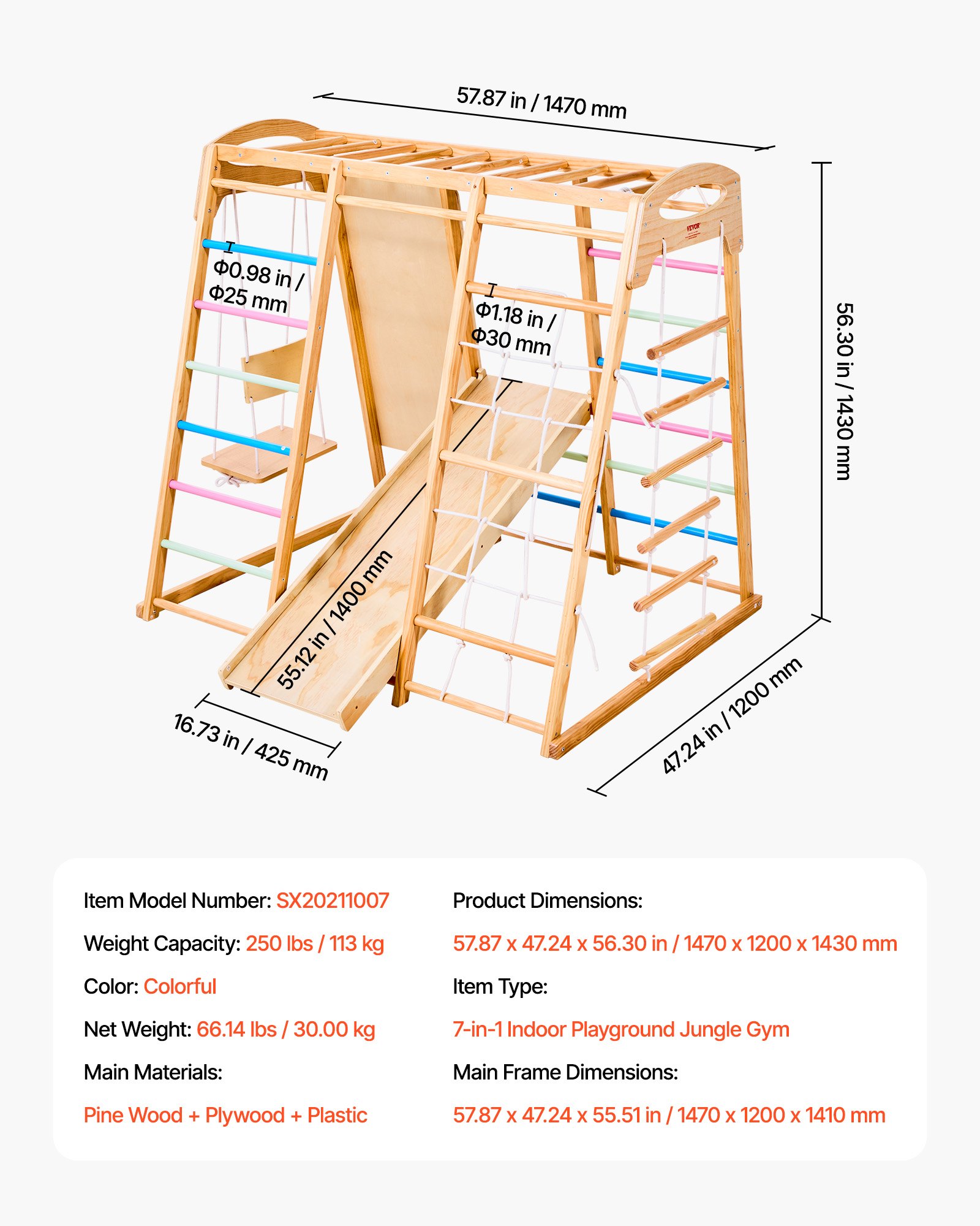 VEVOR Parco Giochi al Coperto, Giocattoli da Arrampicata in Legno, Set da Gioco Montessori da 113 kg con Barra, Altalene, Scivolo, Scala in Corda/Legno, Rete da Arrampicata, Sbarra e Roccia