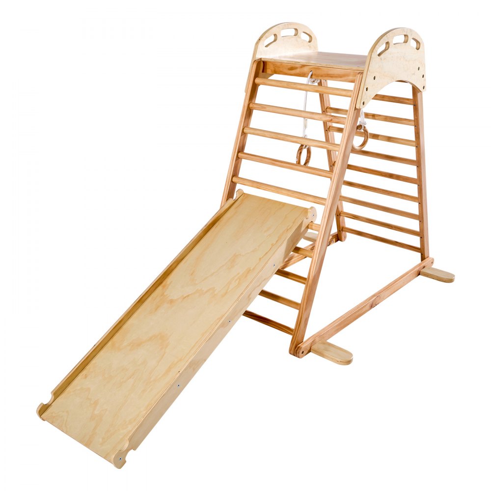 VEVOR Parco Giochi al Coperto, Set da Gioco in Legno, Capacità di Peso 100 kg, con Roccia da Arrampicata, Scivolo, Scala in Legno e Anelli da Palestra, Giocattoli da Arrampicata in Stile Montessori