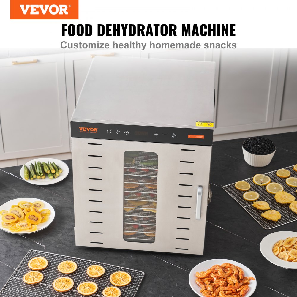 VEVOR Essiccatore Elettrico 1000W per Alimenti in Acciaio Inox 10 Vassoi Estraibili Tempo Temperatura Regolabile 30-90 ℃ Aria Circolata 360°, Macchina Essiccatrice Alimentare Domestica 46x42x46,5 cm