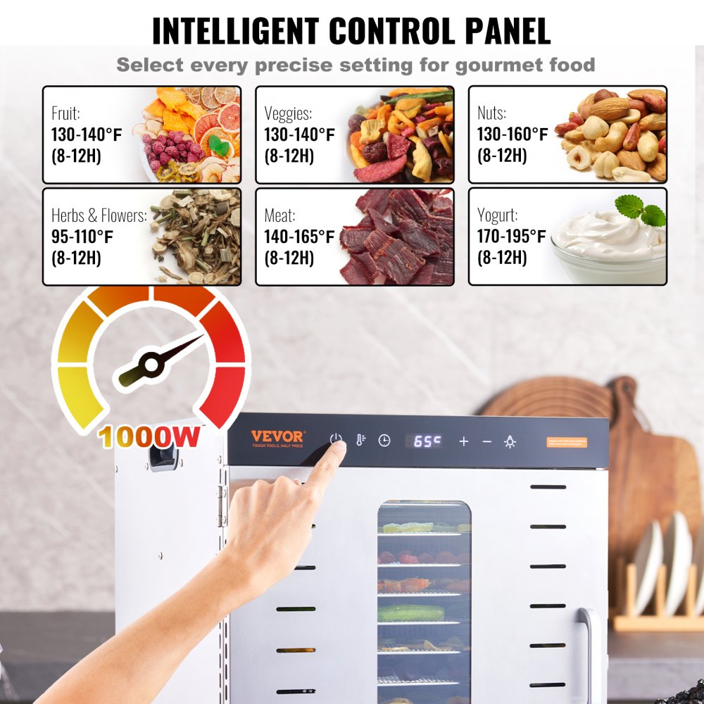 VEVOR Essiccatore Elettrico 1000W per Alimenti in Acciaio Inox 10 Vassoi Estraibili Tempo Temperatura Regolabile 30-90 ℃ Aria Circolata 360°, Macchina Essiccatrice Alimentare Domestica 46x42x46,5 cm