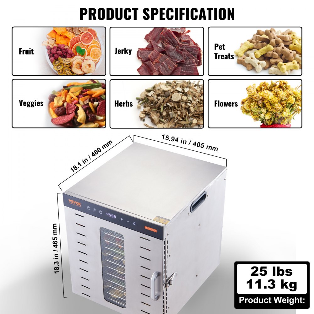 VEVOR Essiccatore Elettrico 1000W per Alimenti in Acciaio Inox 10 Vassoi Estraibili Tempo Temperatura Regolabile 30-90 ℃ Aria Circolata 360°, Macchina Essiccatrice Alimentare Domestica 46x42x46,5 cm
