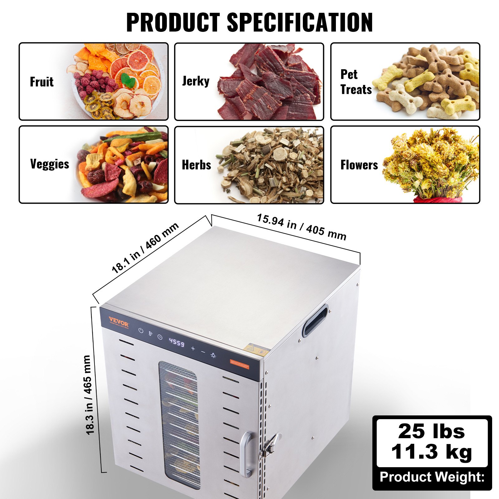 VEVOR Essiccatore Elettrico 1000W per Alimenti in Acciaio Inox 10 Vassoi Estraibili Tempo Temperatura Regolabile 30-90 ℃ Aria Circolata 360°, Macchina Essiccatrice Alimentare Domestica 46x42x46,5 cm