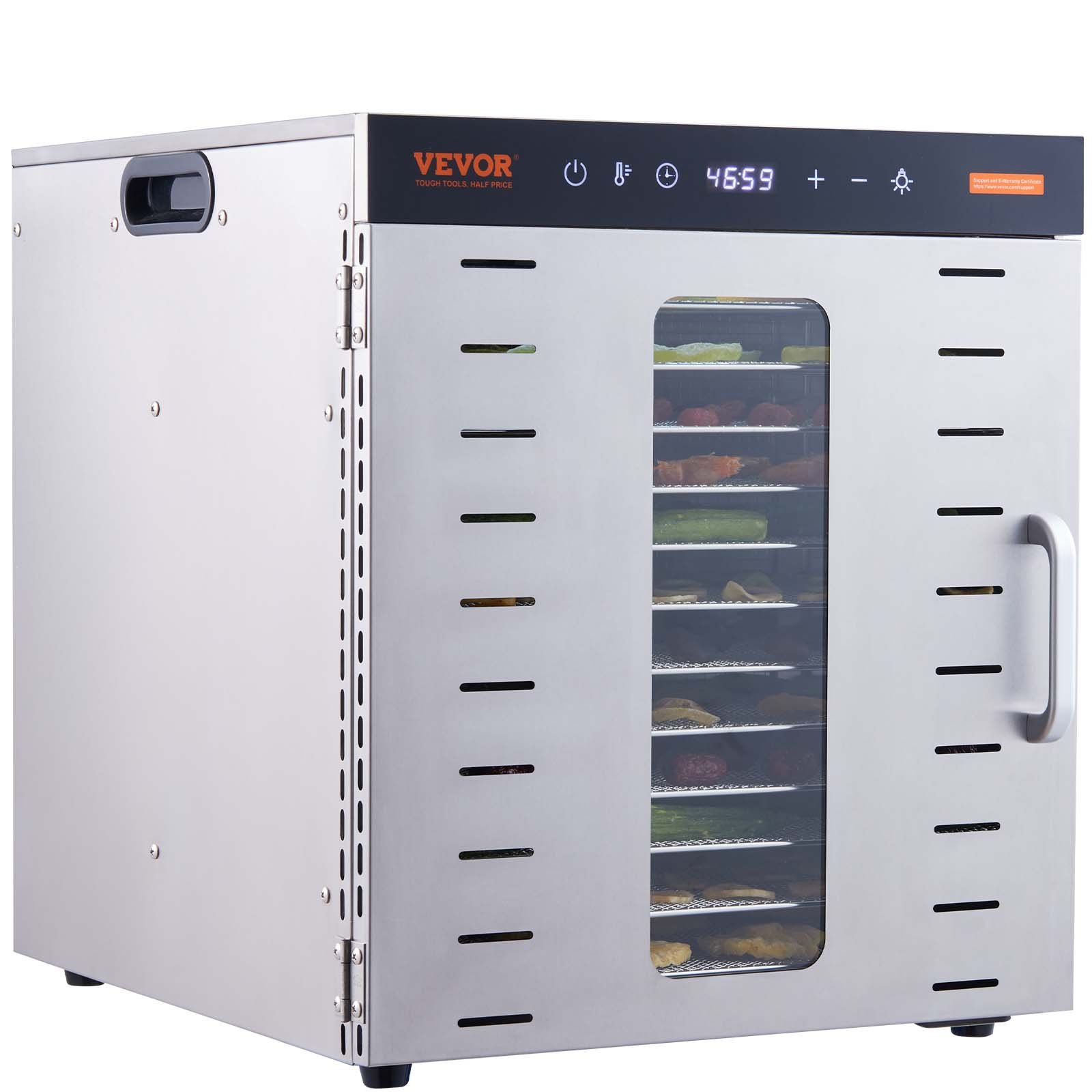 VEVOR Essiccatore Elettrico 1000W per Alimenti in Acciaio Inox 10 Vassoi Estraibili Tempo Temperatura Regolabile 30-90 ℃ Aria Circolata 360°, Macchina Essiccatrice Alimentare Domestica 46x42x46,5 cm