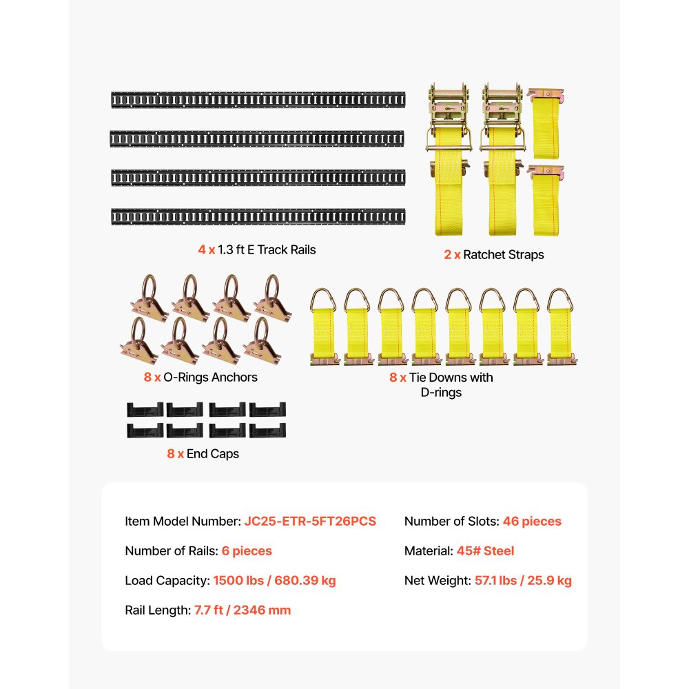 VEVOR Kit Binario di Linea E-track di Fissaggio, Sistema Binario di Ancoraggio del Carico, Confezione da 4 Binari E-Track da 2346 mm, Adatti per Garage, Furgoni, Rimorchi, Motociclette