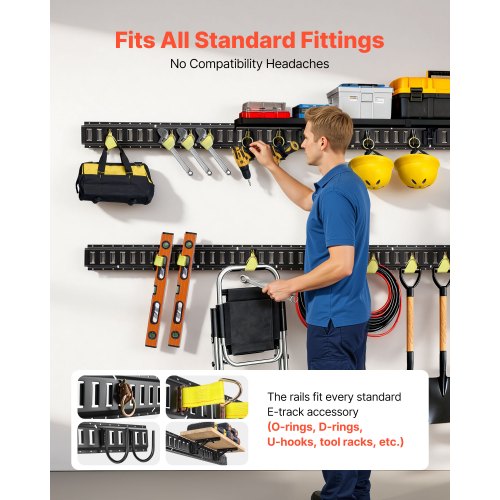 VEVOR Set Da 4 Binari E-Track Da 2346 Mm Per Ancoraggio Carichi Fino A 909 Kg – Sistema Modulare Per Garage, Furgoni E Rimorchi, Con 46 Slot Per Gancio