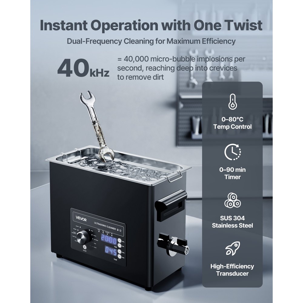 VEVOR Macchina di Pulizia a Ultrasuoni Professionale con Controllo Tramite Manopola Rotante, Capacita di 6 L con Cestello e Sfera di Pulizia, Pulitore a Ultrasuoni per Orologi, Rasoi, Gioielli
