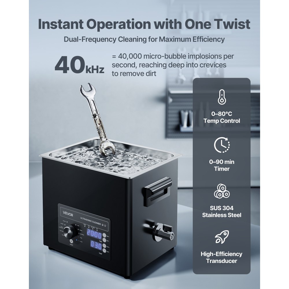 VEVOR 10L Ultrasonic Cleaner, Professional Ultrasonic Cleaner Machine with Knob Control, Stainless Steel Cleaning Machine with Basket and Cleaning Ball, for Watches, Razors, Jewelry, Coins and More