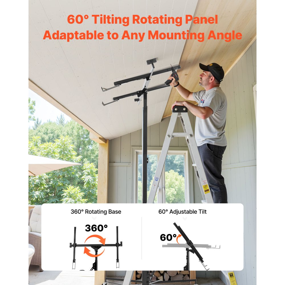 VEVOR Sollevatore per Cartongesso da 3,35 m, Portata 68 kg, con Braccio Telescopico Regolabile da 1,2 a 2,9 m, Ruote Bloccabili, Strumento di Sollevamento per Montaggio a Soffitto, Nero
