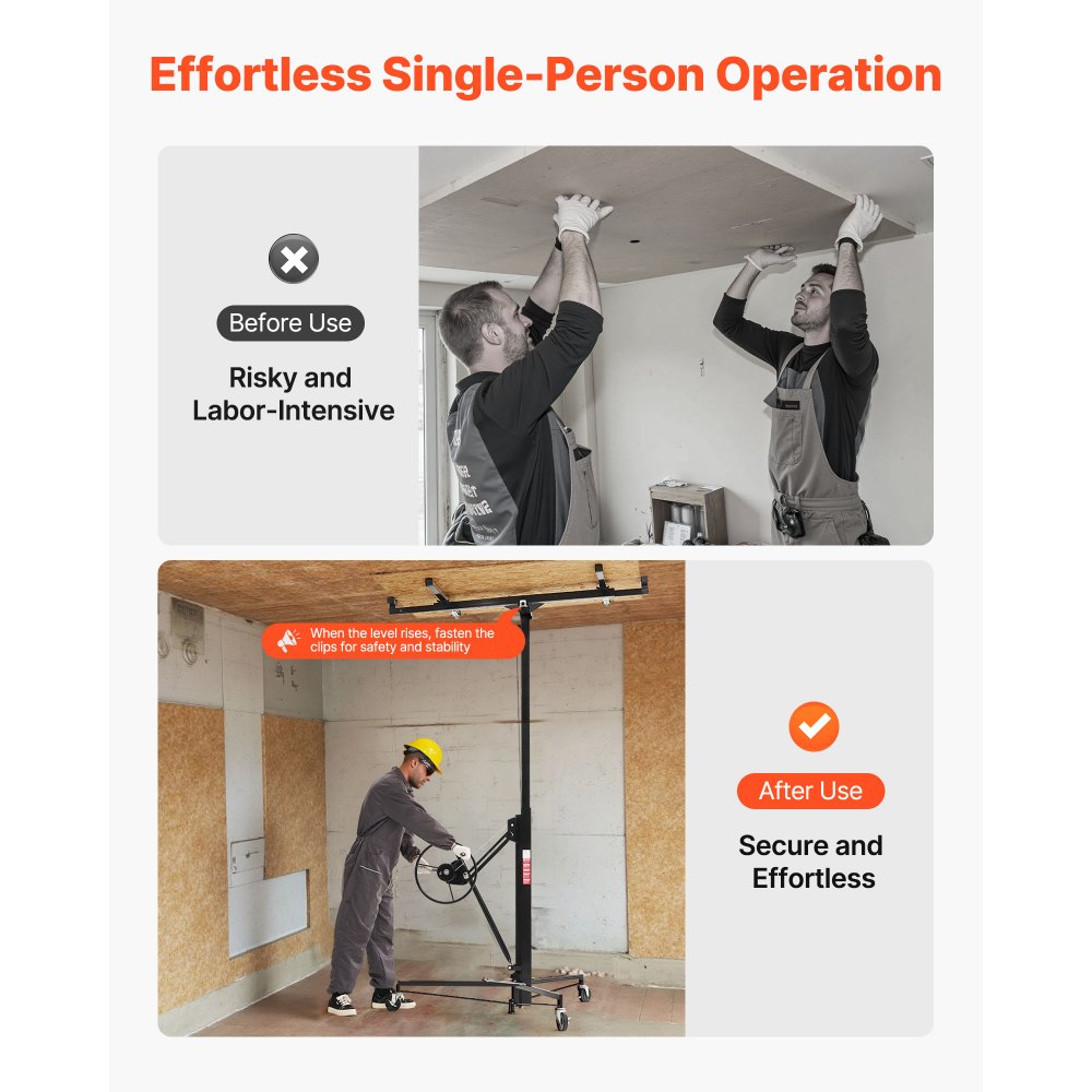 VEVOR Sollevatore per Cartongesso da 3,35 m, Portata 68 kg, con Braccio Telescopico Regolabile da 1,2 a 2,9 m, Ruote Bloccabili, Strumento di Sollevamento per Montaggio a Soffitto, Nero