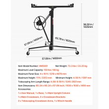 VEVOR Sollevatore per Cartongesso da 3,35 m, Portata 68 kg, con Braccio Telescopico Regolabile da 1,2 a 2,9 m, Ruote Bloccabili, Strumento di Sollevamento per Montaggio a Soffitto, Nero
