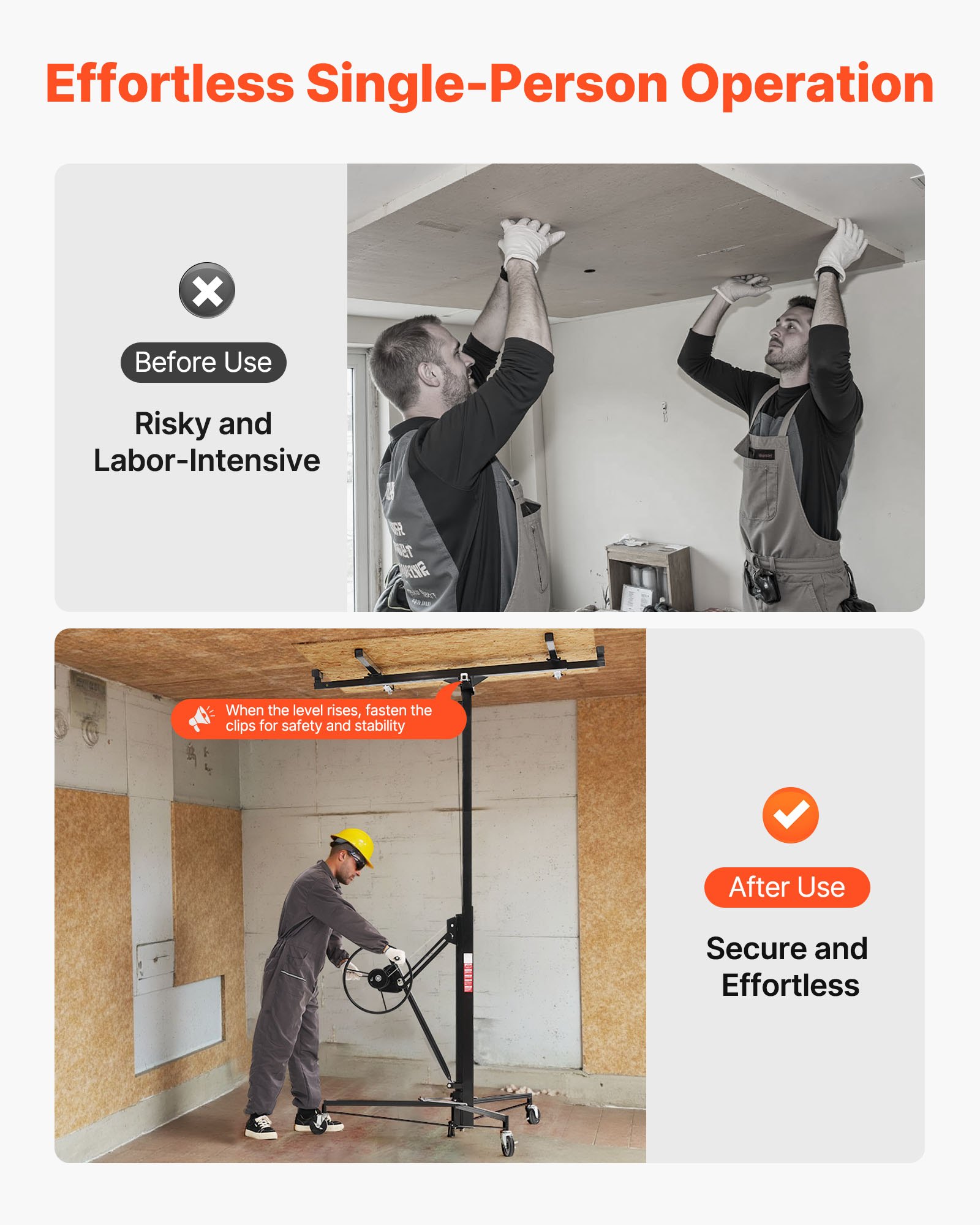 VEVOR Sollevatore per Cartongesso da 3,35 m, Portata 68 kg, con Braccio Telescopico Regolabile da 1,2 a 2,9 m, Ruote Bloccabili, Strumento di Sollevamento per Montaggio a Soffitto, Nero