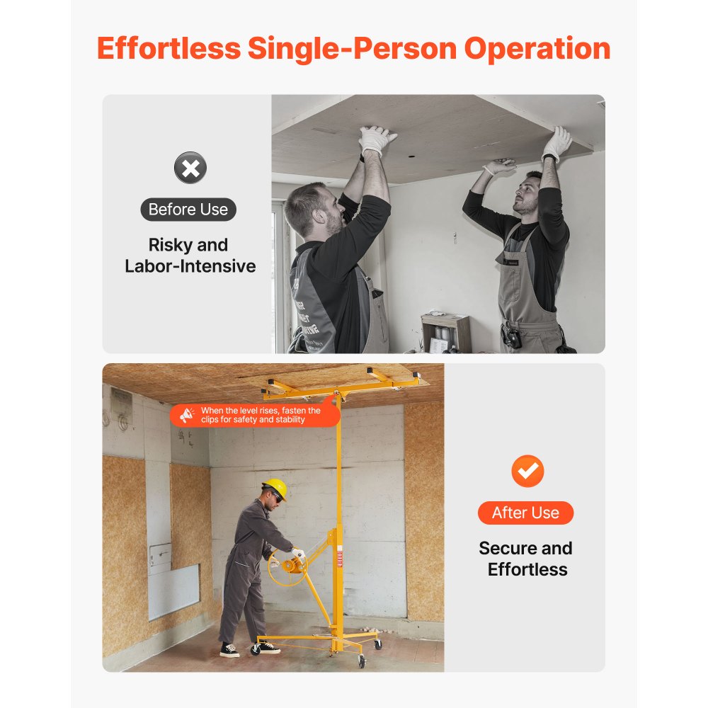 VEVOR Sollevatore per Cartongesso da 3,35 m, Portata 68 kg, con Braccio Telescopico Regolabile da 1,2 a 2,9 m, Ruote Bloccabili, Strumento di Sollevamento per Montaggio a Soffitto, Giallo