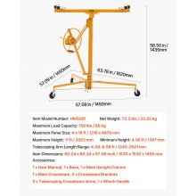 VEVOR Sollevatore per Cartongesso da 3,35 m, Portata 68 kg, con Braccio Telescopico Regolabile da 1,2 a 2,9 m, Ruote Bloccabili, Strumento di Sollevamento per Montaggio a Soffitto, Giallo