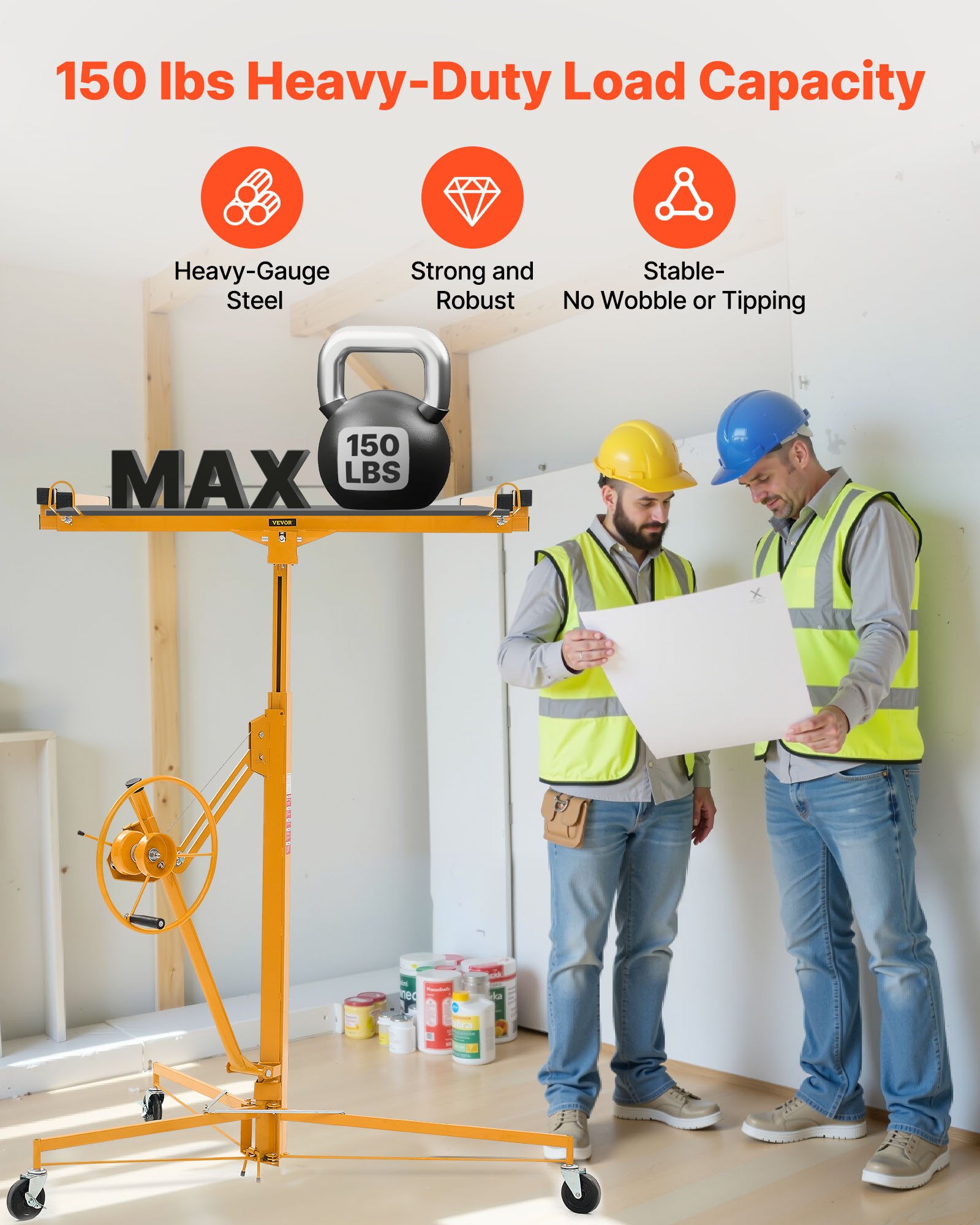 VEVOR Sollevatore per Cartongesso da 3,35 m, Portata 68 kg, con Braccio Telescopico Regolabile da 1,2 a 2,9 m, Ruote Bloccabili, Strumento di Sollevamento per Montaggio a Soffitto, Giallo