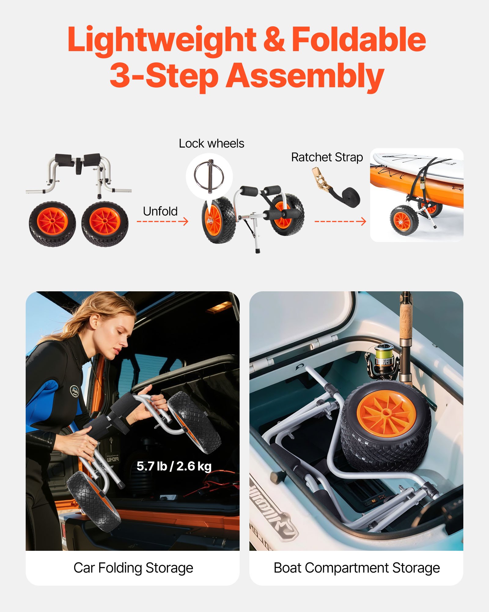 VEVOR Carrello Pieghevole per Kayak, Capacità 90 kg, con Pneumatici in Gomma Piena da 325 mm e 1 Cinghia a Cricchetto, Carrello per Paddle Board per il Trasporto di Kayak, Canoe, Paddleboard