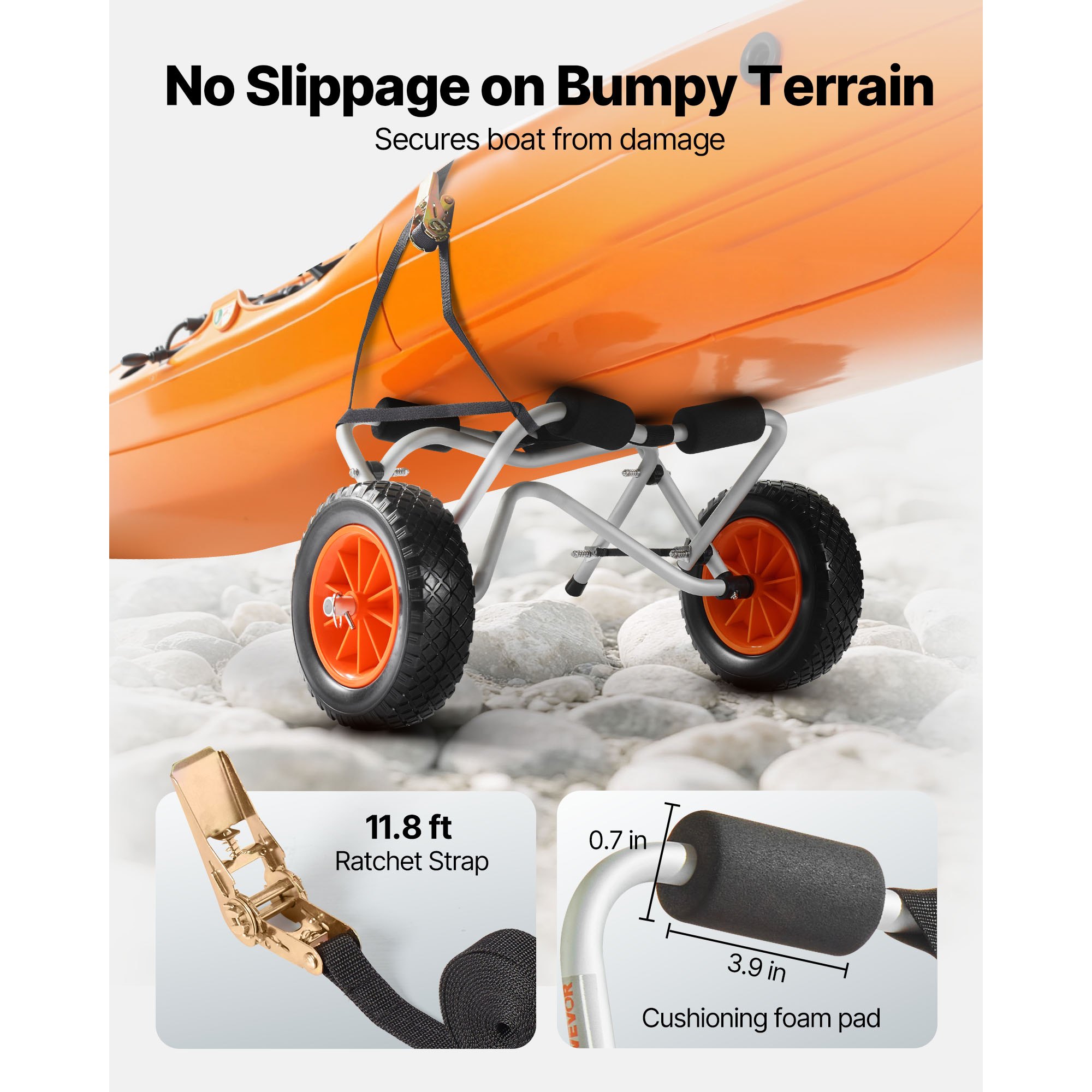 VEVOR Carrello Pieghevole per Kayak, Capacità 113,4 kg, con Pneumatici in Gomma Piena da 400 mm e 1 Cinghia a Cricchetto, Carrello per Paddle Board per il Trasporto di Kayak, Canoe, Paddleboard