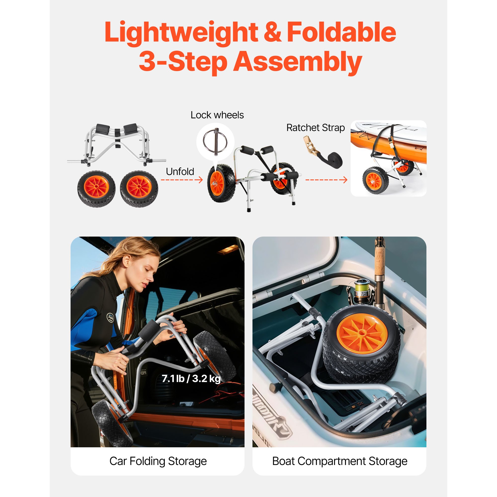 VEVOR Carrello Pieghevole per Kayak, Capacità 113,4 kg, con Pneumatici in Gomma Piena da 400 mm e 1 Cinghia a Cricchetto, Carrello per Paddle Board per il Trasporto di Kayak, Canoe, Paddleboard