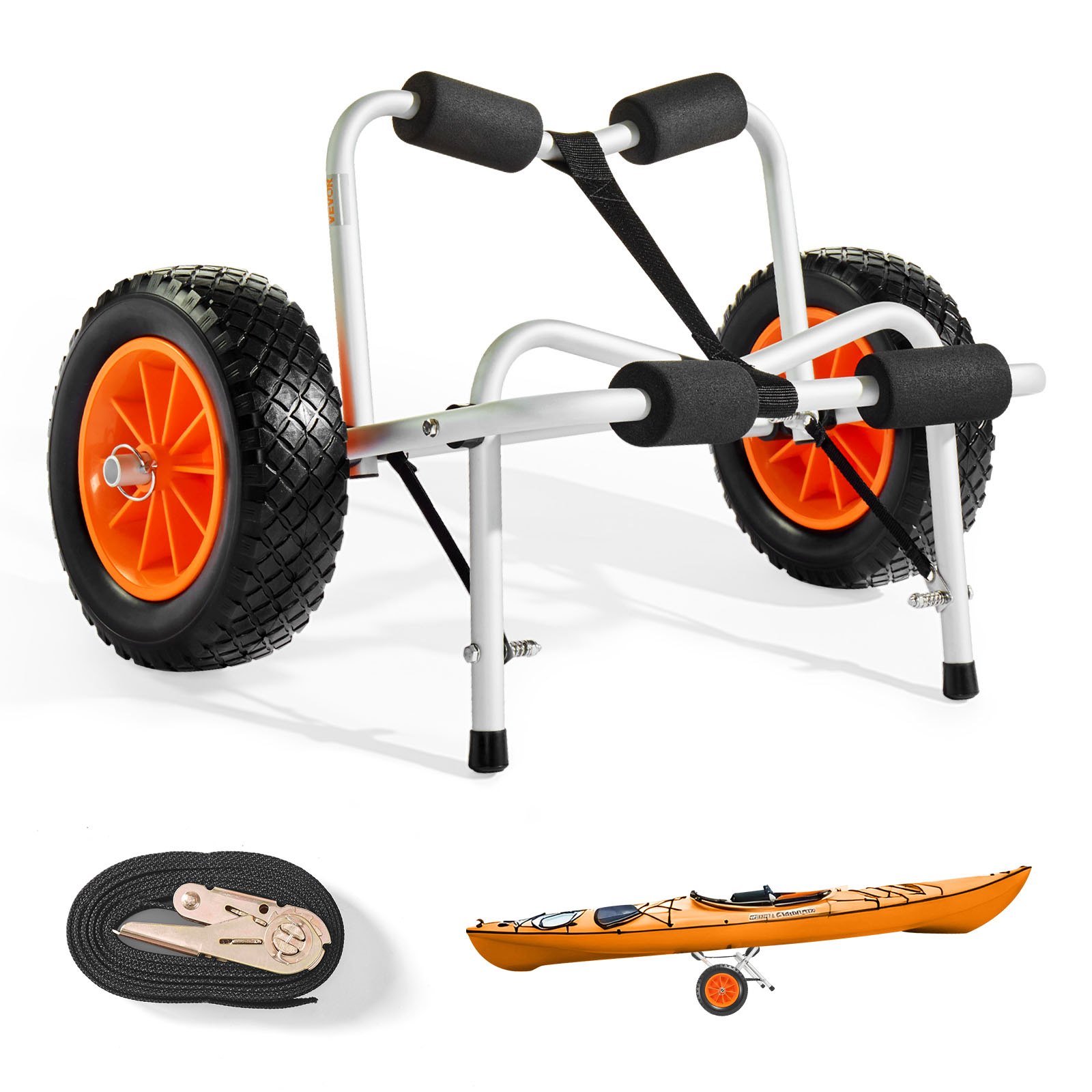 VEVOR Carrello Pieghevole per Kayak, Capacità 113,4 kg, con Pneumatici in Gomma Piena da 400 mm e 1 Cinghia a Cricchetto, Carrello per Paddle Board per il Trasporto di Kayak, Canoe, Paddleboard