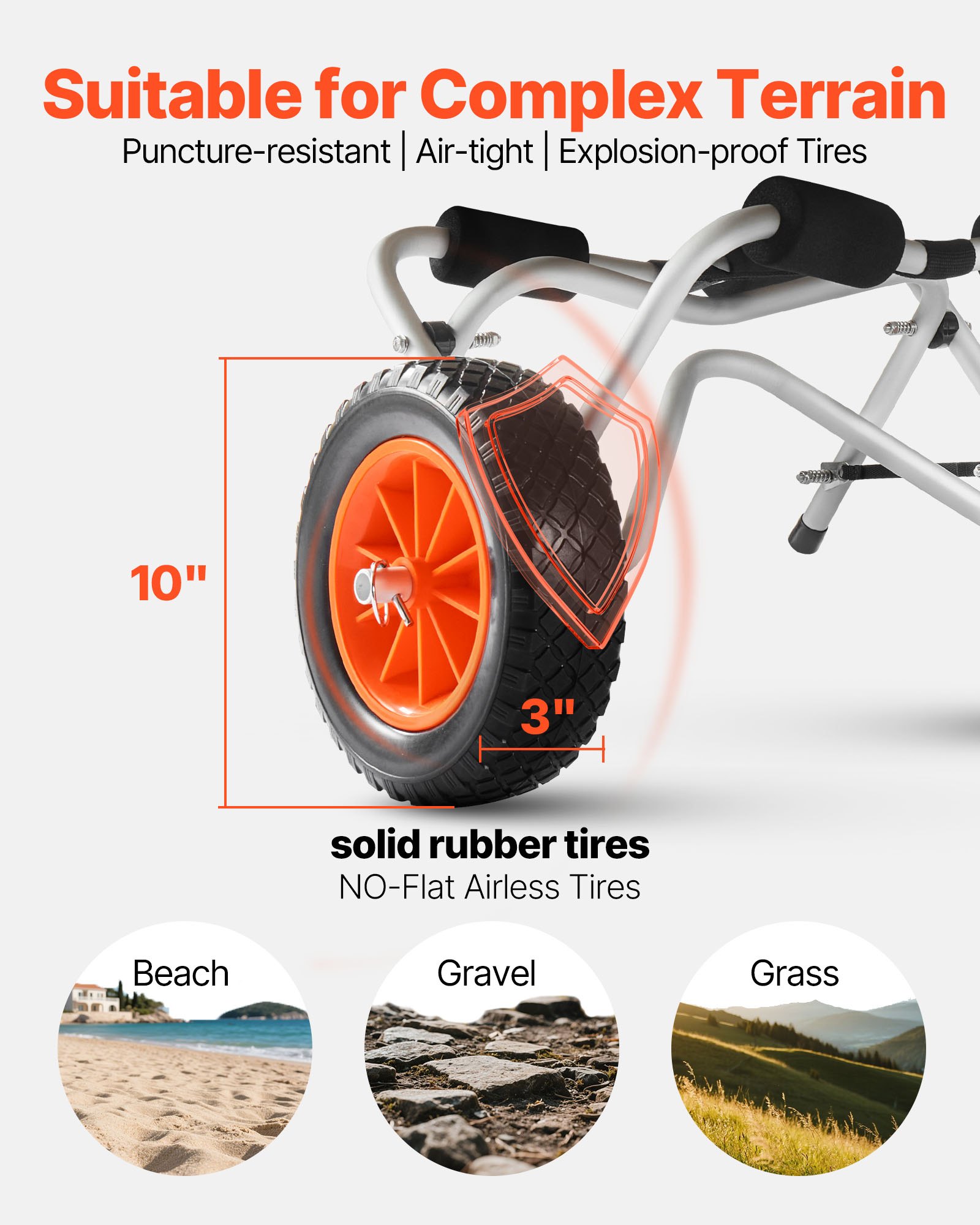 VEVOR Carrello Pieghevole per Kayak, Capacità 113,4 kg, con Pneumatici in Gomma Piena da 400 mm e 1 Cinghia a Cricchetto, Carrello per Paddle Board per il Trasporto di Kayak, Canoe, Paddleboard