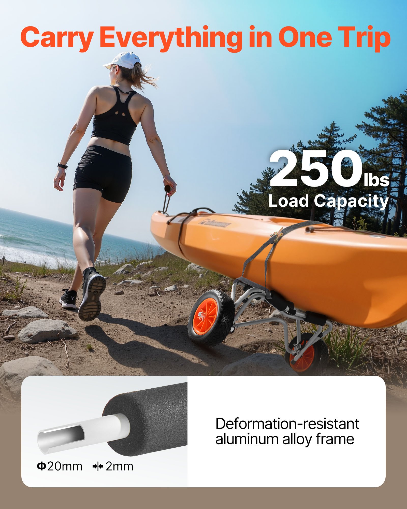 VEVOR Kayak Cart, 113.4 kg Load Capacity, Foldable Kayak Trolley with 25.4 cm Solid PU Tires & 1 Ratchet Strap, Paddle Board Trolley for Carrying Kayaks, Canoes, Paddleboards, Float Mats,Jon Boats