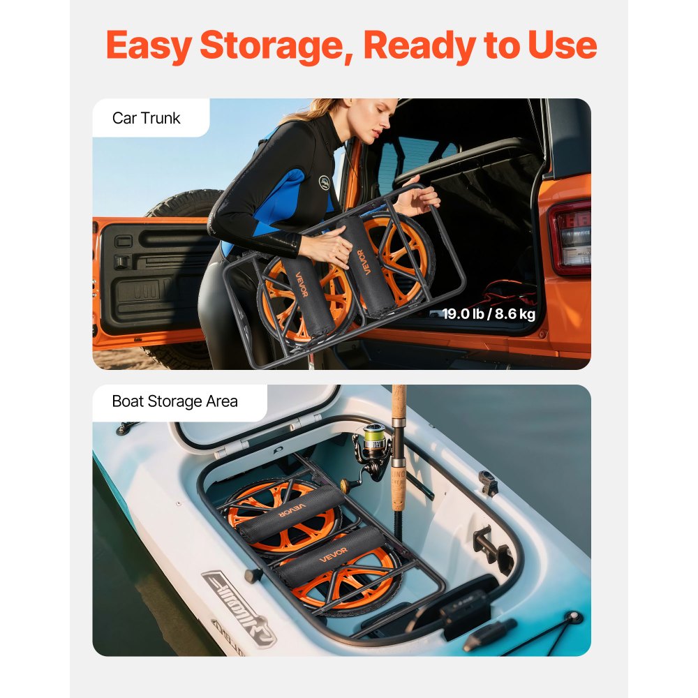 VEVOR Carrello per Kayak, Capacità di Carico 150 kg, Carrello per Trasporto di Pagaia Pieghevole, con Pneumatici in Gomma, Gamba di Supporto, Cinghie di Ancoraggio, per Kayak, Canoe, Paddleboard