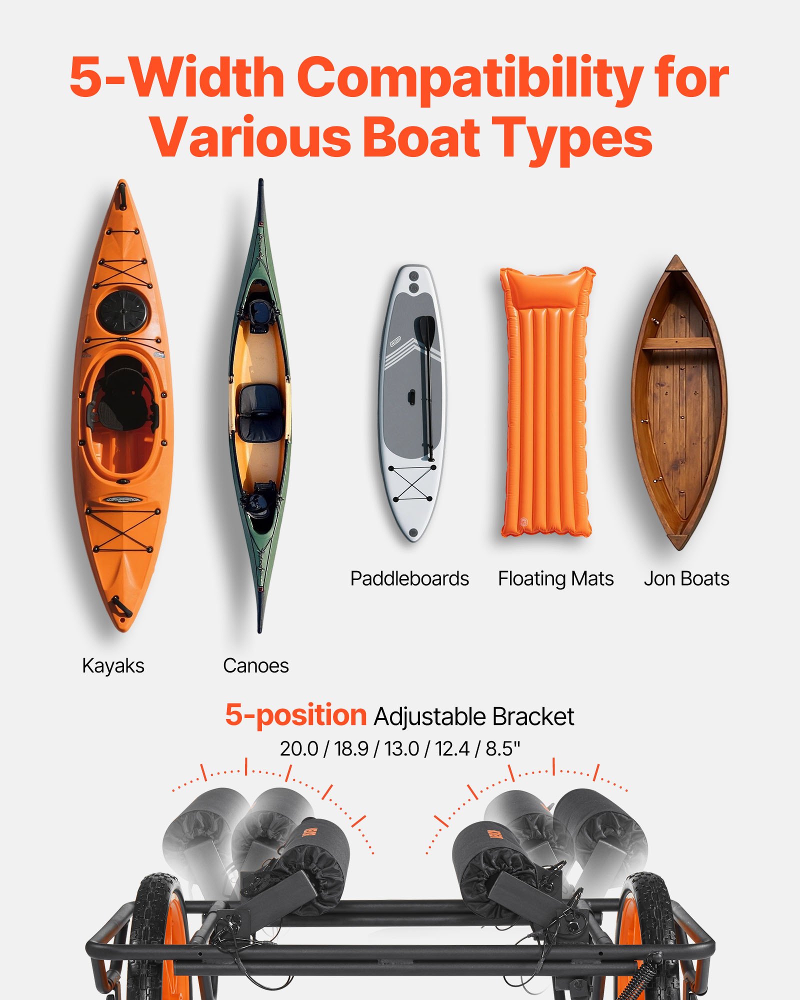 VEVOR Carrello per Kayak, Capacità di Carico 150 kg, Carrello per Trasporto di Pagaia Pieghevole, con Pneumatici in Gomma, Gamba di Supporto, Cinghie di Ancoraggio, per Kayak, Canoe, Paddleboard