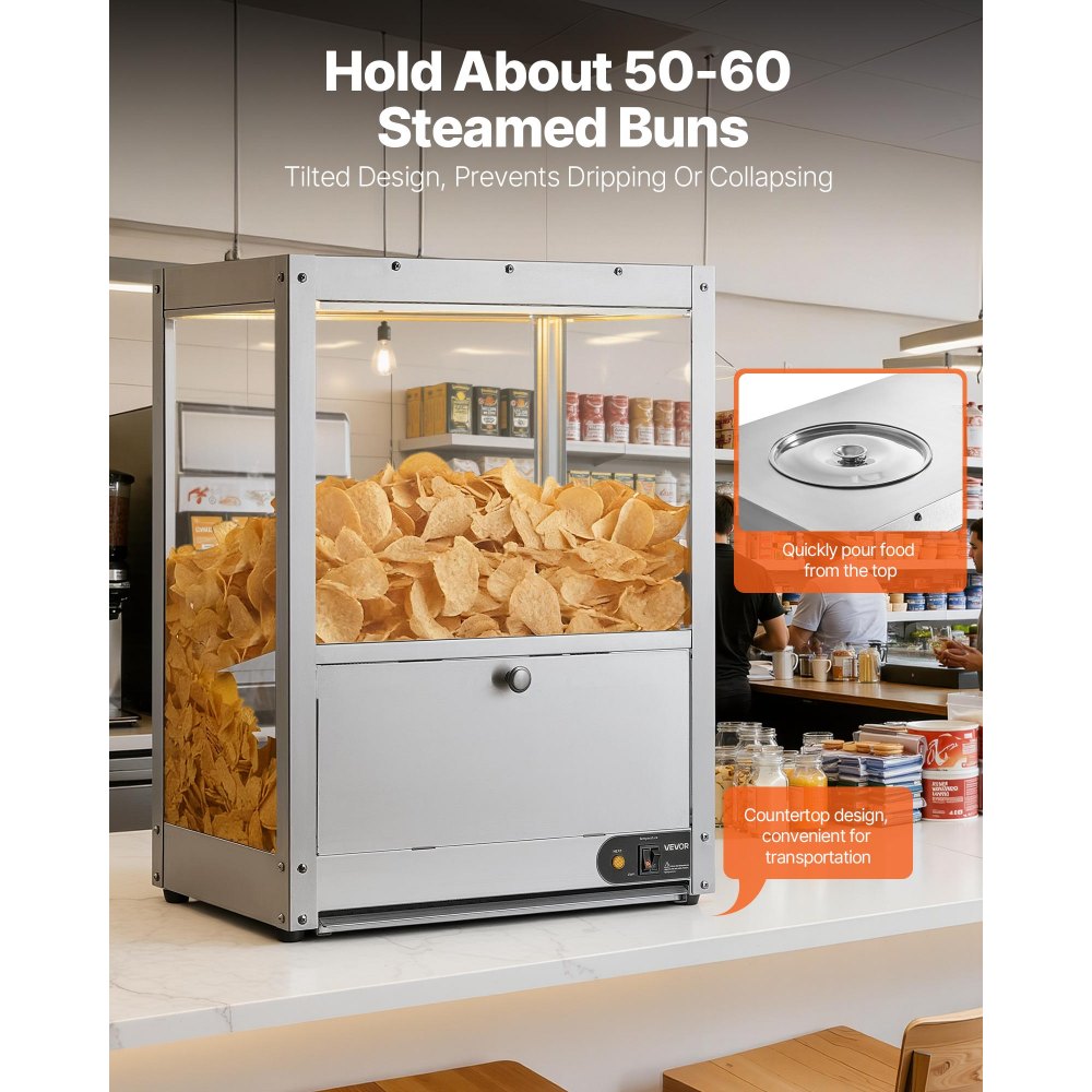 VEVOR Scalda Patatine Nachos Commerciale, Macchina Scalda Patatine da 80 L con Base Riscaldante e Luce Riscaldante, con Tavola di Deflessione, Acciaio Inossidabile, per Popcorn, Patatine, Arachidi
