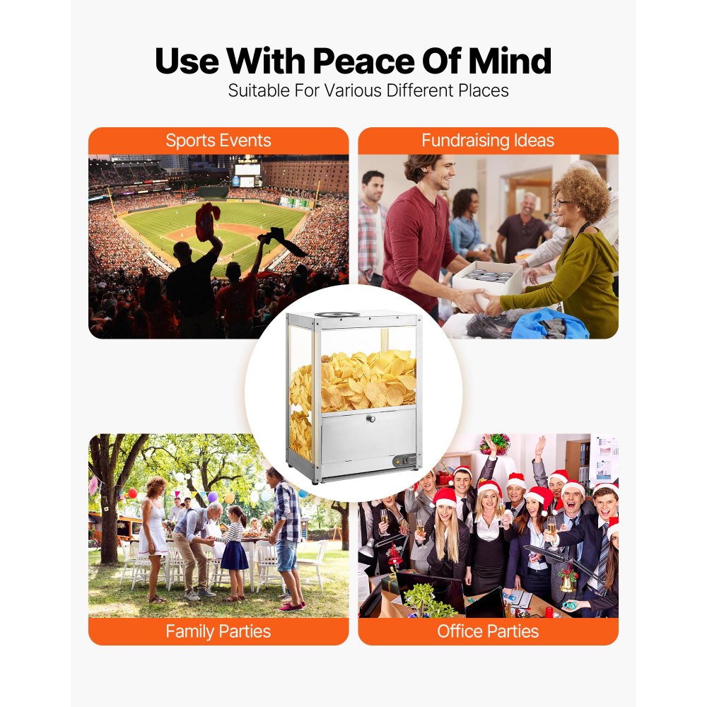 VEVOR Scalda Patatine Nachos Commerciale, Macchina Scalda Patatine da 80 L con Base Riscaldante e Luce Riscaldante, con Tavola di Deflessione, Acciaio Inossidabile, per Popcorn, Patatine, Arachidi