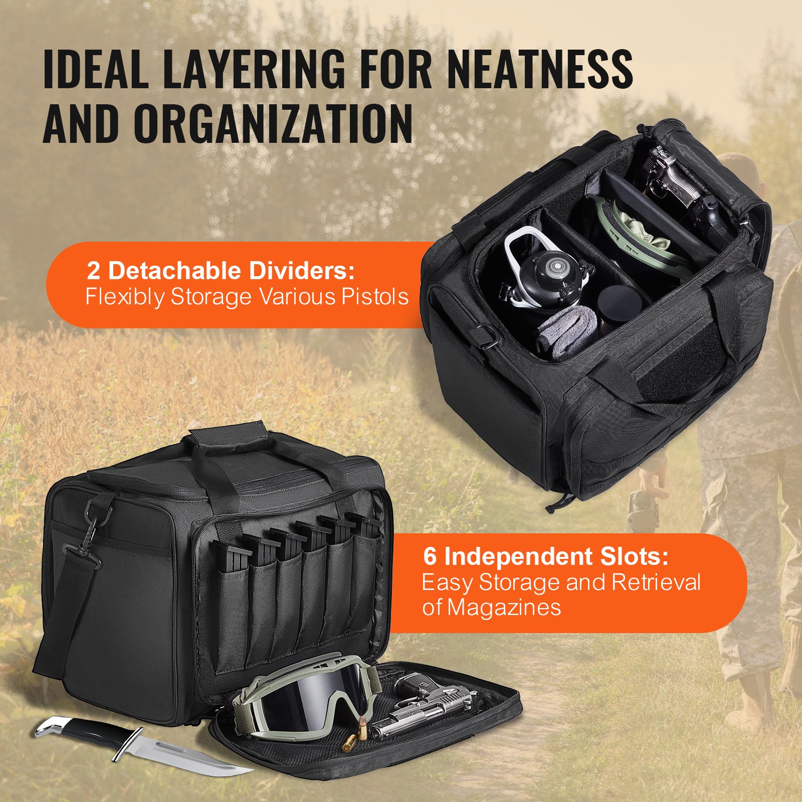 VEVOR Custodia Morbida per Pistola Capienza 3 Pistole, Custodia per Pistola con 2 Pannelli Rimovibili 6 Caricatori, Custodia per Armi da Fuoco, Borsa per Pistola Caccia all'Aperto, Tracolla Singola