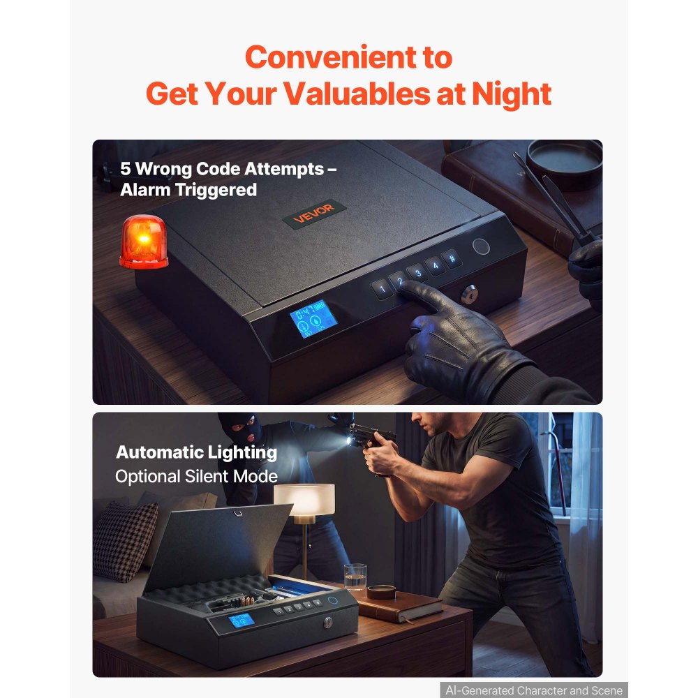 VEVOR Cassaforte Armi Corte con Impronta Digitale Biometrica e Bluetooth, per 2 Pistole e 2 Caricatori, con Accesso Rapido a 4 Vie, in Acciaio, con Illuminazione Automatica, Modalità Silenziosa, Nero