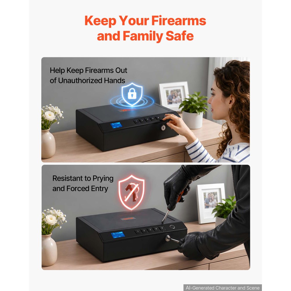 VEVOR Cassaforte Armi Corte con Impronta Digitale Biometrica e Bluetooth, per 2 Pistole e 2 Caricatori, con Accesso Rapido a 4 Vie, in Acciaio, con Illuminazione Automatica, Modalità Silenziosa, Nero