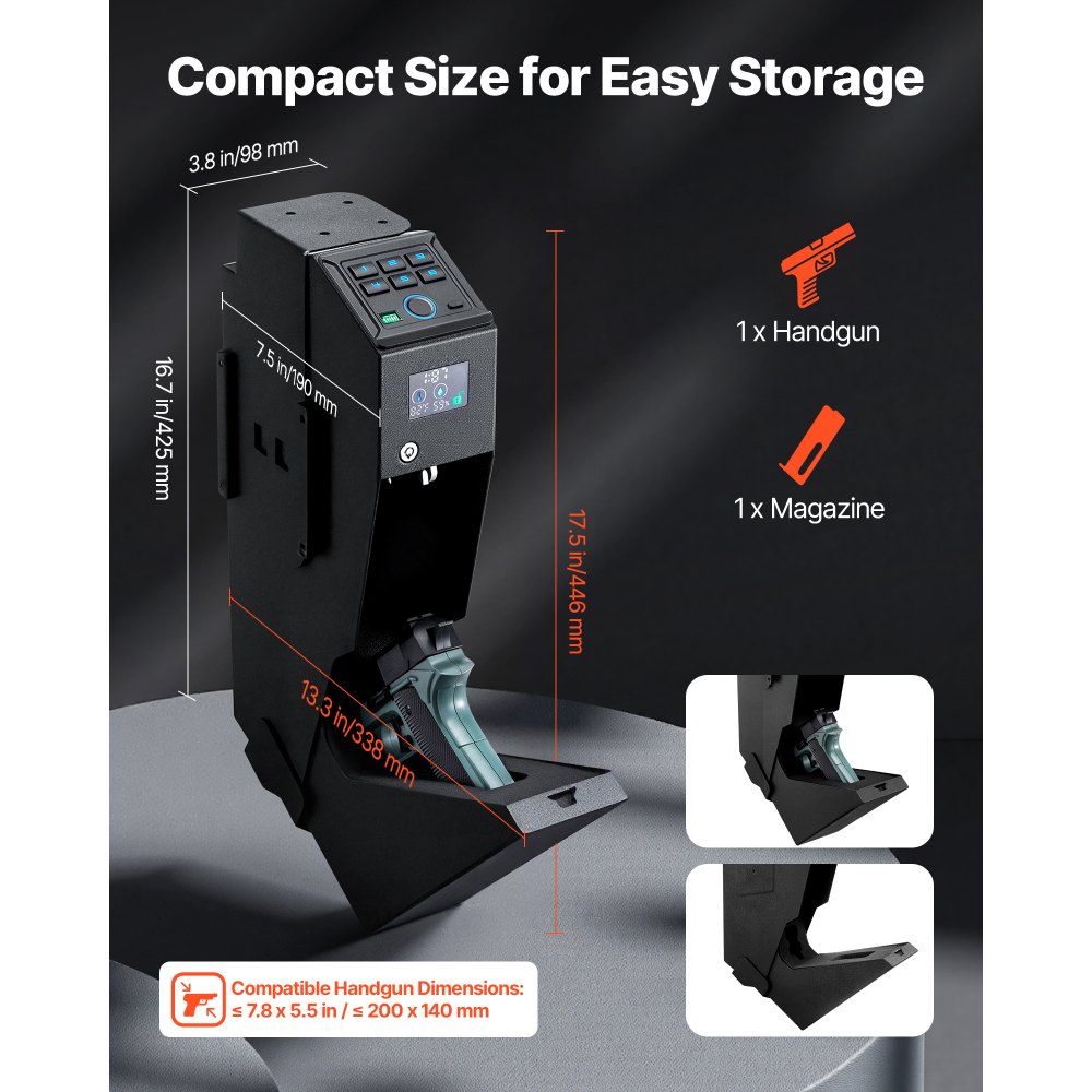 VEVOR Cassaforte per Pistola con Impronta Digitale Password Tastierino a 6 Cifre Chiave, Cassaforte per Pistole con LED Capienza 1 Pistola e Caricatore 190 x 98 x 425 mm, Custodia per Comodino